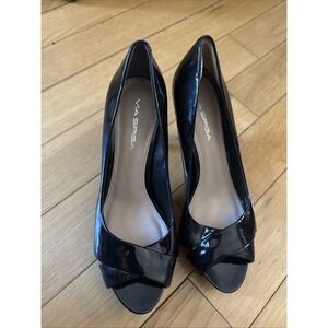 Via Spiga Shoes Womens Size 8 Black Patent Leather Peep Toe Pumps Stiletto Heels
